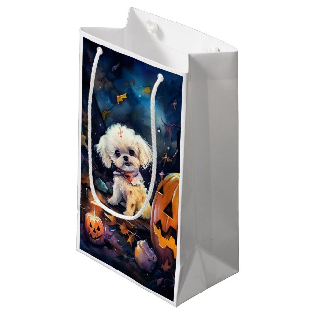 Petit Sac Cadeau Halloween Bichon Frise Avec La Peur Citrouille (Devant Angle)