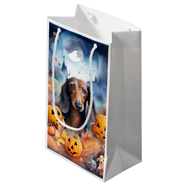 Petit Sac Cadeau Halloween Dachshund Avec La Peur Citrouille (Devant Angle)