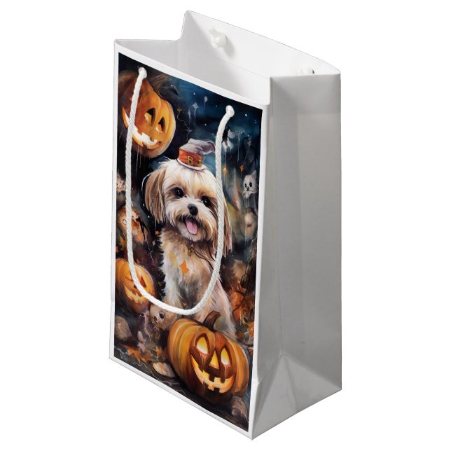 Petit Sac Cadeau Halloween Lhassa Apso Avec Peur Citrouille (Devant Angle)