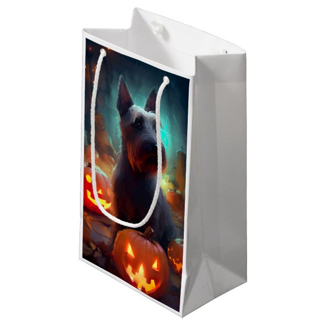 Petit Sac Cadeau Halloween Terrier écossais avec la peur Citrouille (Devant Angle)
