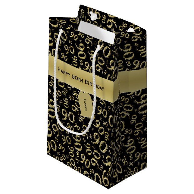 Petit Sac Cadeau Happy 90th Random Number Motif Gold/Black (Devant Angle)