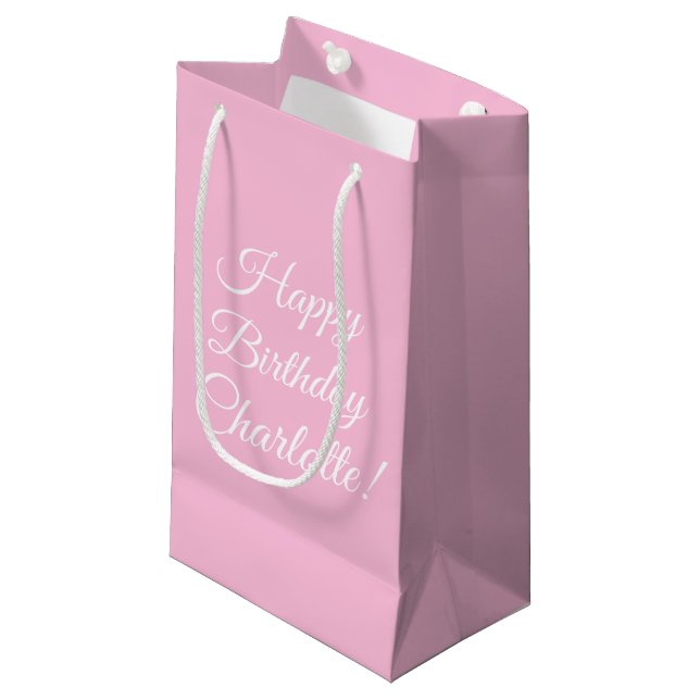 Petit Sac Cadeau Happy Birthday custom script name text light pink (Devant Angle)