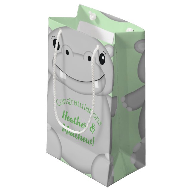 Petit Sac Cadeau Hippo Baby shower vert (Devant Angle)