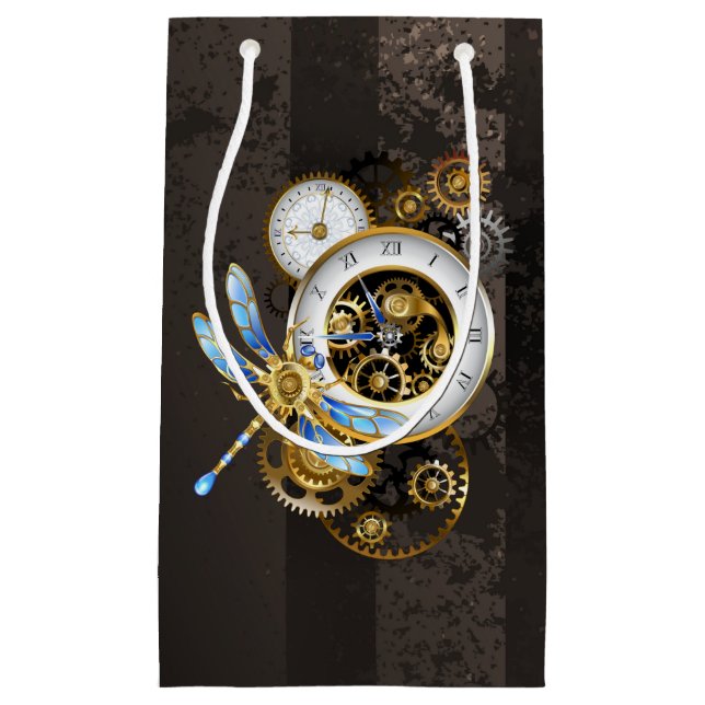 Petit Sac Cadeau Horloge à vapeur avec libellule mécanique (Devant)