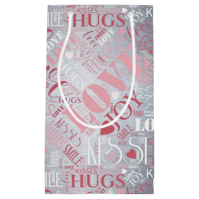 Petit Sac Cadeau Hugs and Kisses Word Cloud Pink/Silver ID286 (Devant)