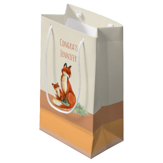 Petit Sac Cadeau Illustration de l'aquarelle Momma Fox et Baby (Devant Angle)