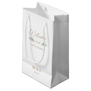 Petit Sac Cadeau Initiales Eucalyptus Mariage Faveur Blanc & Or
