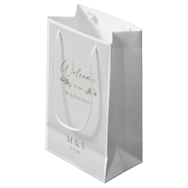 Petit Sac Cadeau Initiales Eucalyptus Mariage Faveur Grey & Or (Devant Angle)