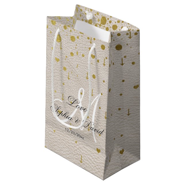 Petit Sac Cadeau Invitations pour mariages | Monogramme Gold Confet (Devant Angle)