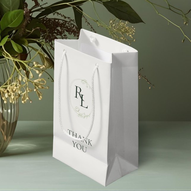 Petit Sac Cadeau Ivoire | Merci Mariage de Monogramme Floral Vert (Créateur téléchargé)