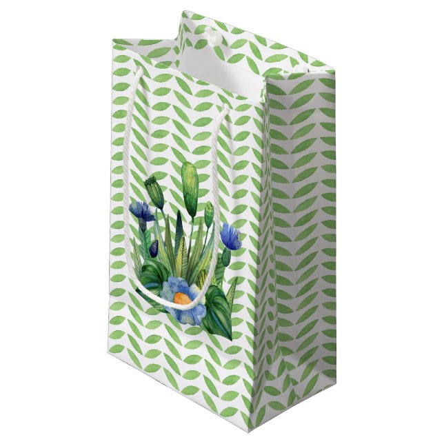 Petit Sac Cadeau Jardin Floral Bleu Et Vert (Devant Angle)