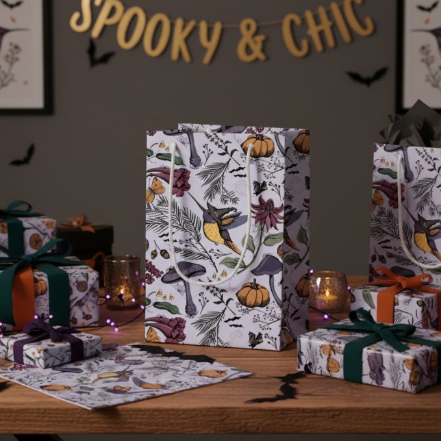 Petit Sac Cadeau Jardin floral d'Halloween éffrayant (Spooky & Chic Hummingbird Halloween Floral Gift Bag in Purple for Fall Party, Halloween Birthday. )