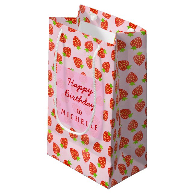 Petit Sac Cadeau Joli Motif aux fraises Anniversaire personnalisé (Devant Angle)