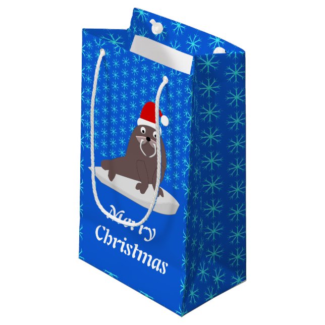 Petit Sac Cadeau Joli Noël Walrus et Snowflakes Custom (Devant Angle)