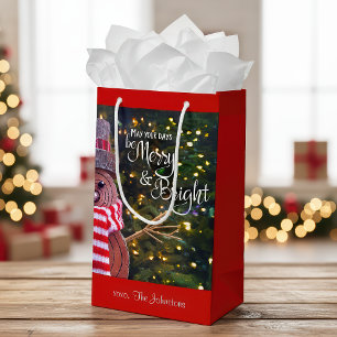 Petit Sac Cadeau Jours Joyeux Rustique Snowman brillant Nom personn
