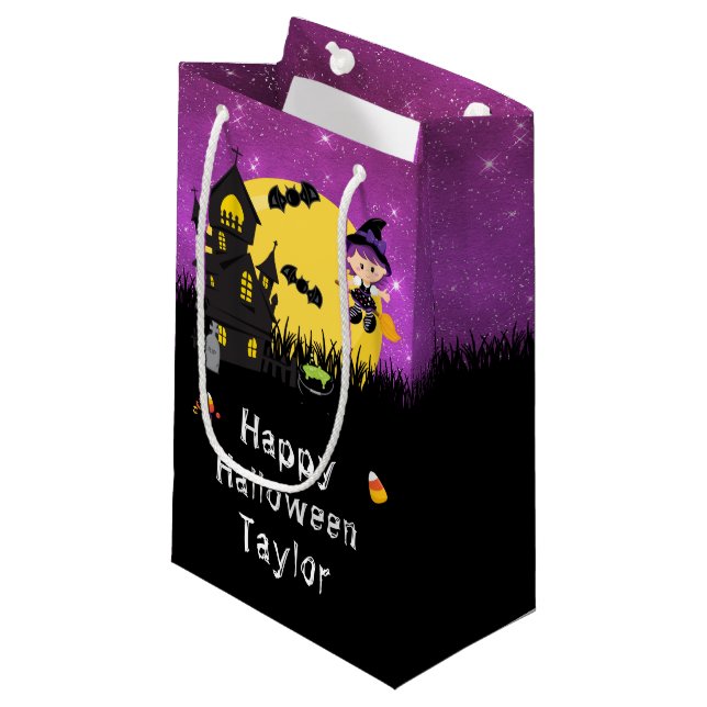 Petit Sac Cadeau Joyeuse sorcière de fête d'Halloween violet (Devant Angle)