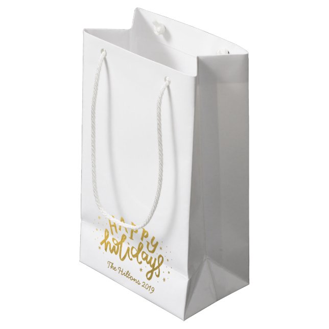 Petit Sac Cadeau Joyeuses vacances Lettres Foil Gold Noël (Devant Angle)