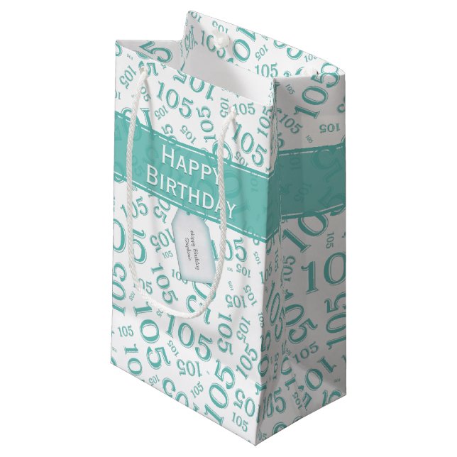 Petit Sac Cadeau Joyeux 105e anniversaire Turquoise Motif nombre al (Devant Angle)