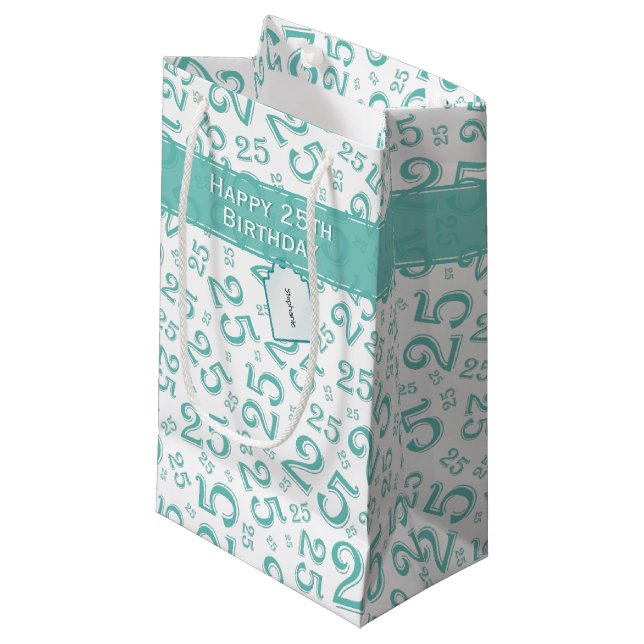 Petit Sac Cadeau Joyeux 25e anniversaire Turquoise Motif nombre alé (Devant Angle)