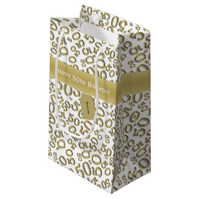 Petit Sac Cadeau Joyeux 50e anniversaire Numéro Motif Or/Blanc (Devant Angle)