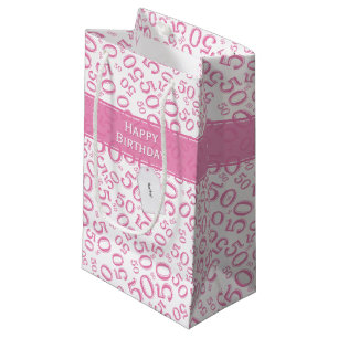 Petit Sac Cadeau Joyeux 50e anniversaire Numéro Motif rose/blanc