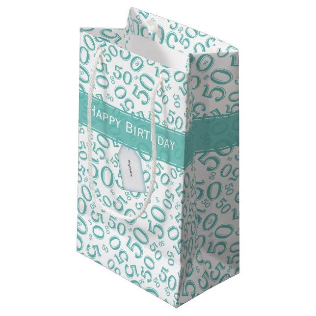Petit Sac Cadeau Joyeux 50e anniversaire Random Motif Turquoise/bla (Devant Angle)