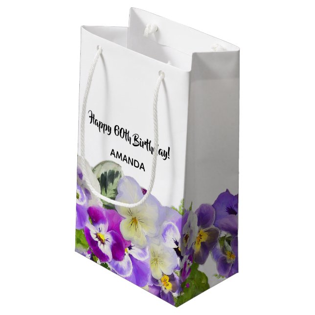 Petit Sac Cadeau Joyeux 60e anniversaire violet pansies fleurs blan (Dos Angle)