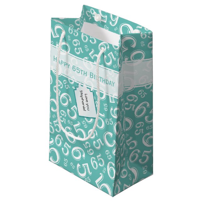 Petit Sac Cadeau Joyeux 65e anniversaire Numéro Motif Turquoise et  (Devant Angle)