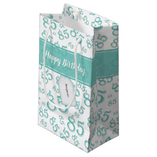 Petit Sac Cadeau Joyeux 85e anniversaire Motif numéro Turquoise/bla