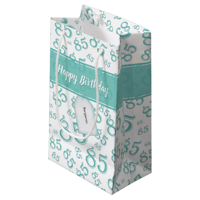 Petit Sac Cadeau Joyeux 85e anniversaire Motif numéro Turquoise/bla (Devant Angle)