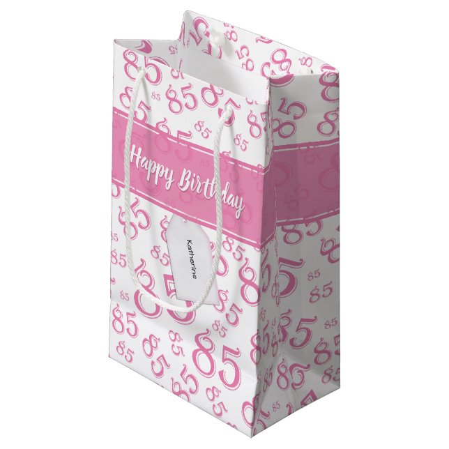 Petit Sac Cadeau Joyeux 85e anniversaire Numéro Motif rose/blanc (Devant Angle)