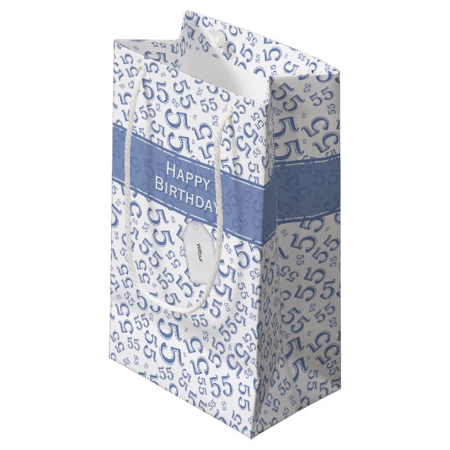 Petit Sac Cadeau Joyeux Anniversaire Âge 55 Numéro Motif, Bleu blan (Devant Angle)