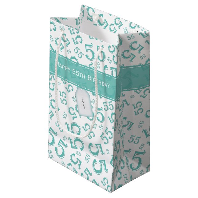 Petit Sac Cadeau Joyeux anniversaire Age 55 Numéro Motif Turquoise/ (Devant Angle)