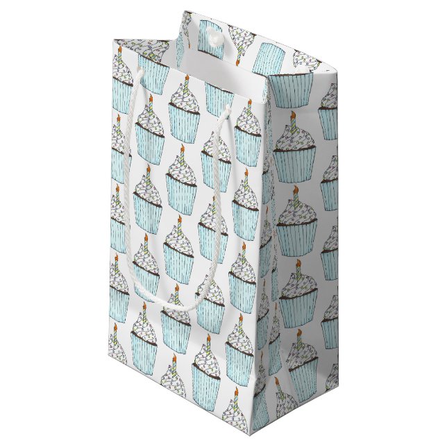 Petit Sac Cadeau Joyeux Anniversaire Bleu Cupcake Sprinkles Frostin (Devant Angle)