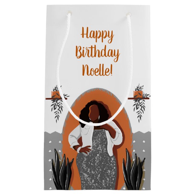 Petit Sac Cadeau Joyeux anniversaire ! Femme noire, orange et gris (Devant)