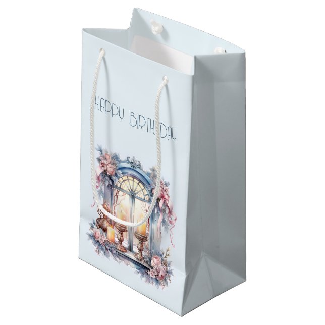 Petit Sac Cadeau Joyeux Anniversaire Hiver Bleu rose Vitre victorie (Devant Angle)
