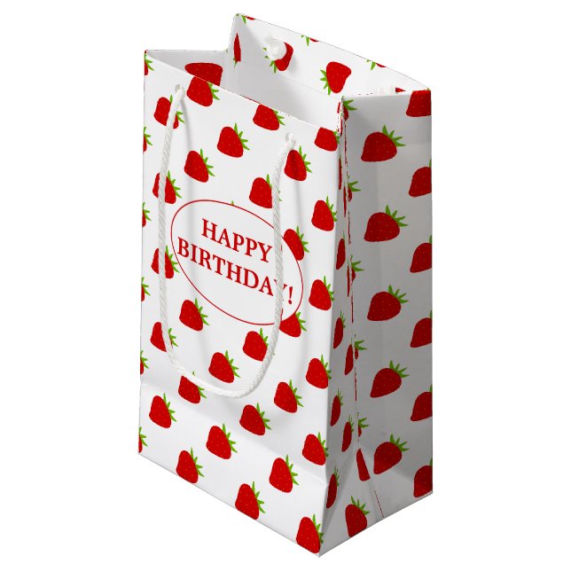 Petit Sac Cadeau Joyeux anniversaire ! | Motif mûre fraise (Devant Angle)
