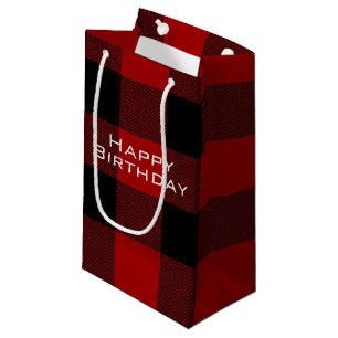 Petit Sac Cadeau Joyeux Anniversaire rouge noir buffle plaid