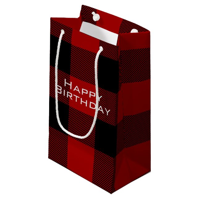 Petit Sac Cadeau Joyeux Anniversaire rouge noir buffle plaid (Devant Angle)