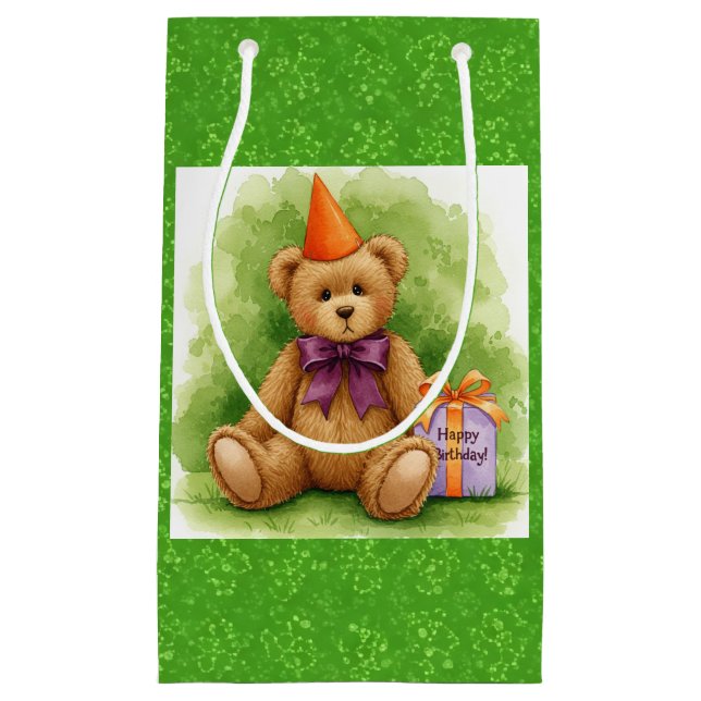 Petit Sac Cadeau Joyeux anniversaire !, Teddy avec un cadeau, par N (Devant)