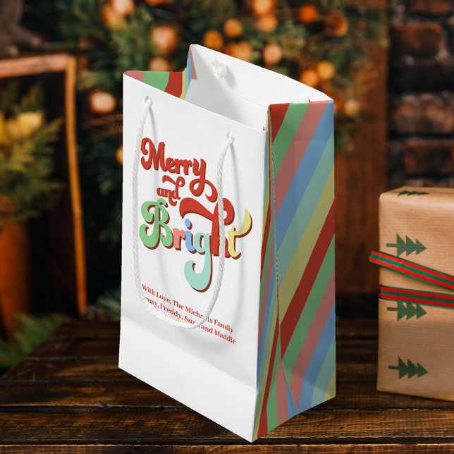 Petit Sac Cadeau Joyeux et brillant Noël personnalisé (Merry and Bright Christmas custom gift bag with retro typography. )