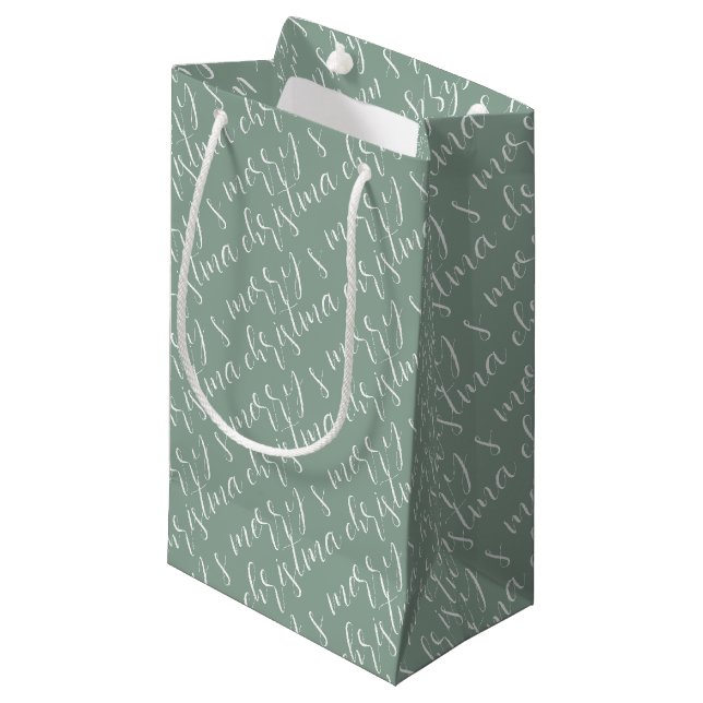 Petit Sac Cadeau Joyeux Motif de Noël Sage Green (Devant Angle)
