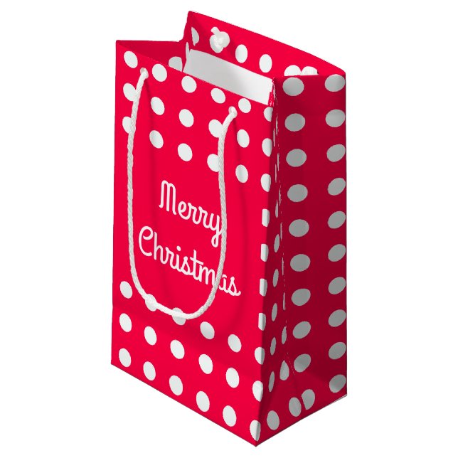 Petit Sac Cadeau Joyeux Noël classique Texte Rouge Blanc Pois (Devant Angle)