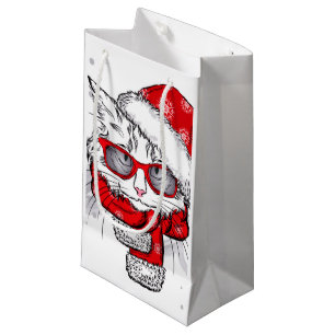 Petit Sac Cadeau Joyeux Noël de chat blanc mignon