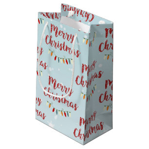 Petit Sac Cadeau Joyeux Noël en neige bleue Lumières colorées