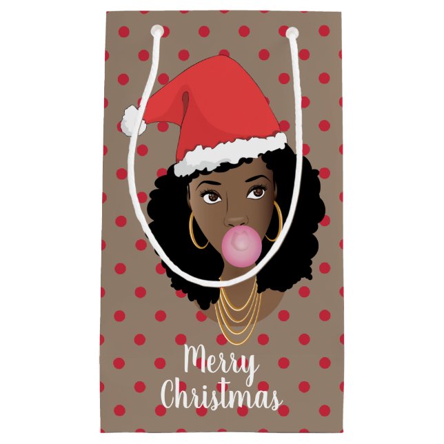 Petit Sac Cadeau Joyeux Noël! Femme noire, Chapeau de Père Noël, Po (Devant)