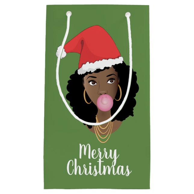 Petit Sac Cadeau Joyeux Noël! Femme Noire, Feu De Père Noël (Devant)