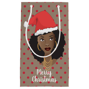 Petit Sac Cadeau Joyeux Noël! Femme noire Santa Hat Gum Rouge