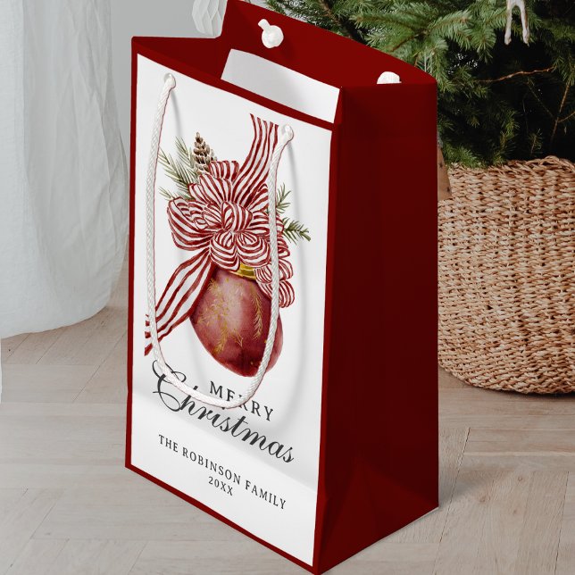 Petit Sac Cadeau Joyeux Noël Fête Rouge Ornement rayé (Créateur téléchargé)