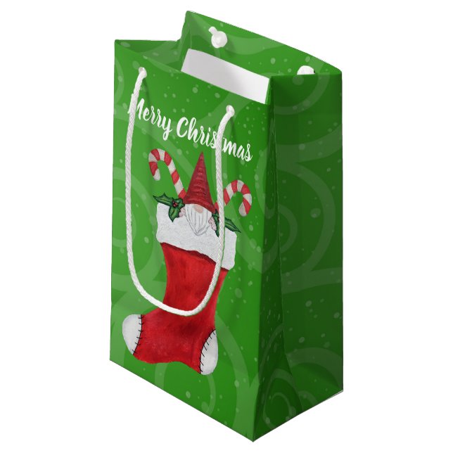 Petit Sac Cadeau Joyeux Noël Gnome Rouge Stocker Éperviers verts (Devant Angle)